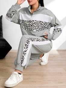 SHEIN Cottnline Cotton Plus Leopard Print Colorblock Drop Shoulder Sweatshirt & Sweatpants - Multicolor - View 4