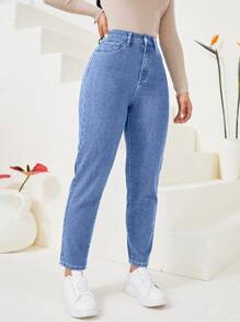 SHEIN Privé 高腰胡蘿蔔緊身牛仔褲 - 淺色水洗藍 - 查看 4