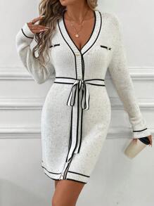 SHEIN Clasi Women's V-Neck Polka Dot Contrast Trim Long Sleeve Short Knit Sweater Dress, Autumn/Winter Winter Women Outfits Women Sweater Dresses - Beige - View 4
