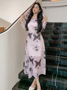 DAZY Elegant Mesh Butterfly Print Off Shoulder Mid-Length Dress Festival Prom Dress,Fall Dress Long Sleeve Dress - Grey - View 4
