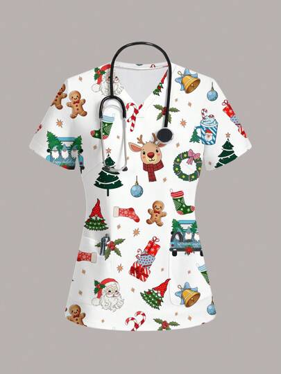 PopScrub Christmas Nurse Cute Christmas Printed Pocket Short-Sleeved V-Neck Scrub Top Comfortable And Practical Nurse Fashionable Women's Top, Casual Minimalist All-Over Print Women's Fitted Uniform Scrub Top