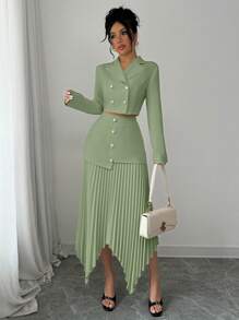 Elenzga Elegant Women's 2 Pieces Set:Tailored Collar Cinched Waist Buttoned Jacket & Asymmetrical Hem Pleated Skirt - Mint Green - View 5