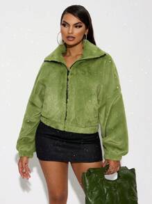 SHEIN SXY 秋冬保暖短款宽松绿色意大利字母刺绣仿皮草外套 - 綠色 - 查看 3
