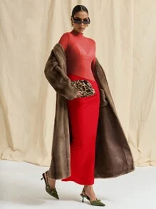 COSMINA Olive Green Mesh Contrast Dress For Women, Autumn/Winter - Red - View 1