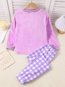 SHEIN 2 件套 Tween 女童休闲舒适服装套装，粉色格子运动衫配熊刺绣和配套格子裤，适合秋冬季 - 淡紫色 - 查看 2