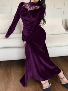 Modelyn 女士优雅纯色蕾丝拼接长裙秋季长款晚礼服 - 紫色 - 查看 4