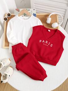 SHEIN Leap Crew 3pcs Young Boys & Girls Back-To-School V-Neck Printed Vest,White Long Sleeve T-Shirt And Pants Set,Casual School Style Career Day Outfit For Autumn - Red - View 7