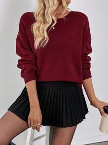 SHEIN Clasi Women's Elegant Open Back Oversized Crew Neck Long Sleeve Sweater, Autumn/Winter Knit Pullover Fall - Burgundy - View 5