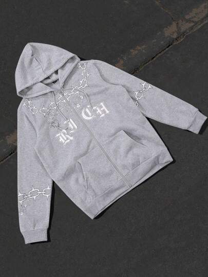 Manfinity EMRG 男士字母与链条图案印花口袋拉链连帽长袖运动衫