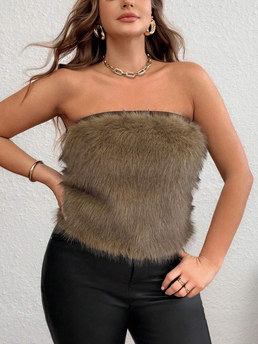 SHEIN Privé Plus Size Furry Patchwork Warm Comfortable Pullover Top, Autumn/Winter - Brown - View 1