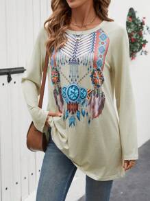 SHEIN LUNE Women's Raglan Sleeve Geometric Print Round Neck Casual Loose T-Shirt, Autumn Graphic Tees Women Tops Fall Cloth For Women - Apricot - View 6