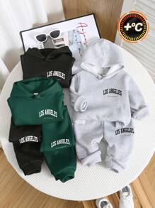 SHEIN 6 件套男婴秋冬套装，包括黑色、绿色、灰色可爱字母印花连帽衫和裤子，温暖厚实，适合户外运动 - 彩色 - 查看 1