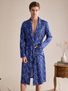 SHEIN EverLounge Bata de hombre de manga larga cómoda con estampado completo y doble bolsillo, para otoño
