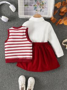 SHEIN Conjunto de 3 piezas para niña con: Blusa de manga larga estilo academia con cuello de solapa y hombros caídos en color blanco, Camiseta sin mangas con escote en V, con bordado de fresas a rayas, y Falda plisada de cintura alta en color liso