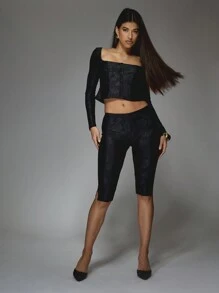 MISSGUIDED Velour Tailored Square Neck Long Sleeves Corset Top And Capri Pants Two Piece Co Ord Set - Black - View 5