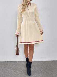 Chiquease Abito-maglione da donna con colletto a contrasto, in vita drappeggiato, gonna plissettata, autunno/inverno - Albicocca - Visualizzare 3