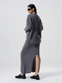 SHEIN EZwear Casual Split Back Drop Shoulder Pullover Sweater + Long Knit Skirt Set - Dark Grey - View 2