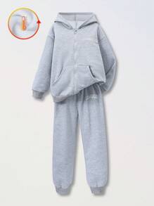 SHEIN Explorewe 青少年女孩字母印花休闲连帽夹克和裤子两件套，秋季 - 灰色 - 查看 1