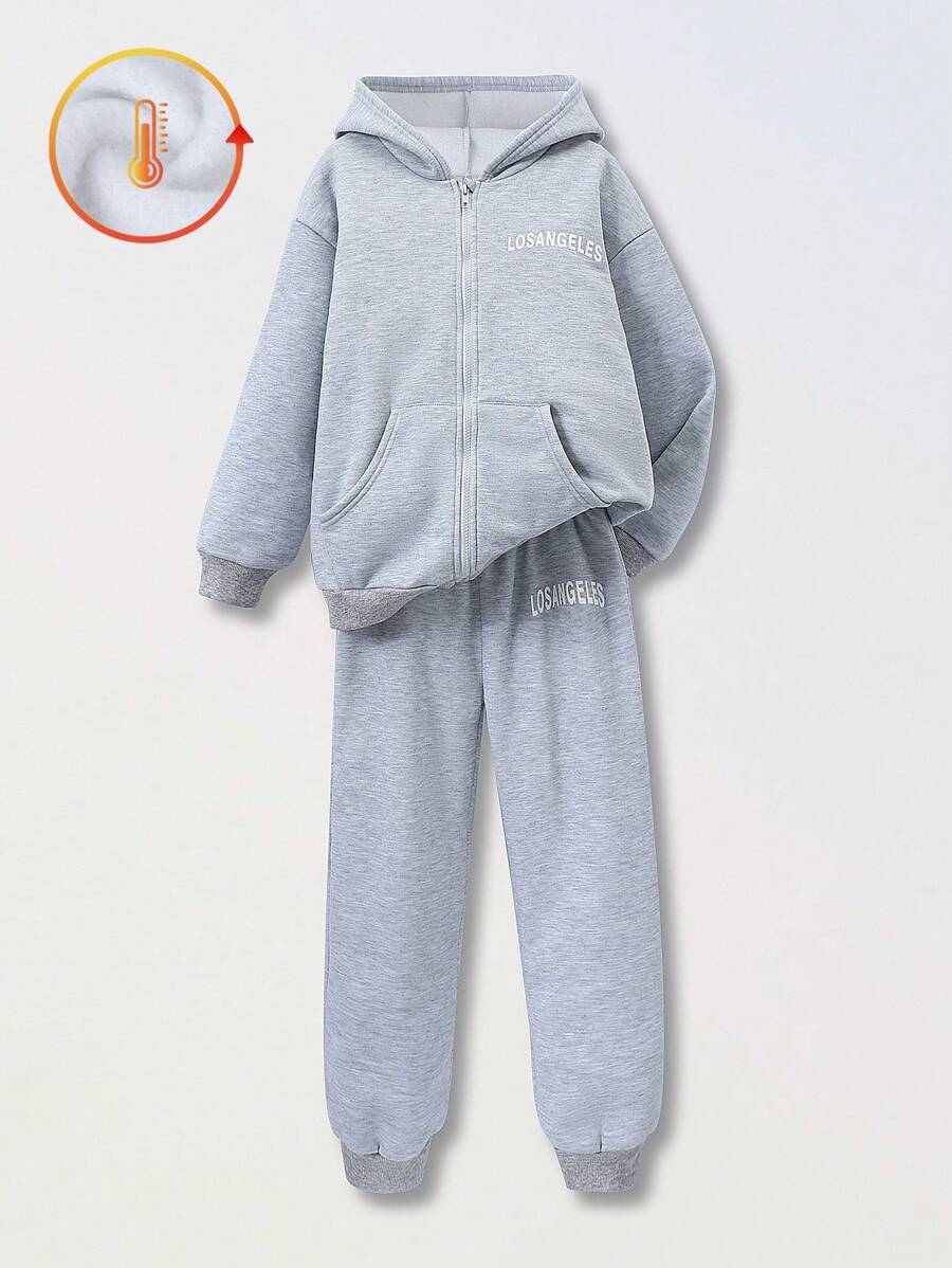 SHEIN Explorewe 青少年女孩字母印花休闲连帽夹克和裤子两件套,秋季 - 灰色 - 查看 1