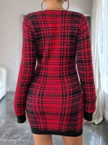 SHEIN Clasi 女式格子印花 V 领长袖毛衣连衣裙 - 彩色 - 查看 2