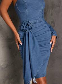 SHEIN BAE Women's Sexy One Shoulder Blue Denim Dress For Party - Medium Wash - View 5