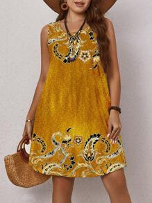 EMERY ROSE 大码女士休闲简约无袖圆领连衣裙，适合夏季 - 黃色 - 查看 6