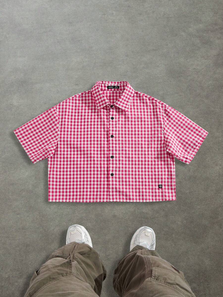 Manfinity VCAY 1 件男士 Y2K 趣味休闲高街复古格子短款衬衫返校万圣节 - 玫紅色 - 查看 1