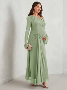 MaterniChic 孕妇优雅扭结腰纯色圆领喇叭袖长裙，适合孕妇，秋季 - 綠色 - 查看 4