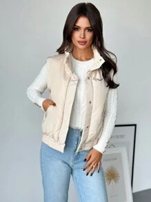 Firerie Áo vest cổ đứng có khóa kéo ấm áp thường ngày dành cho nữ, mùa thu/đông - Màu be - Xem 7