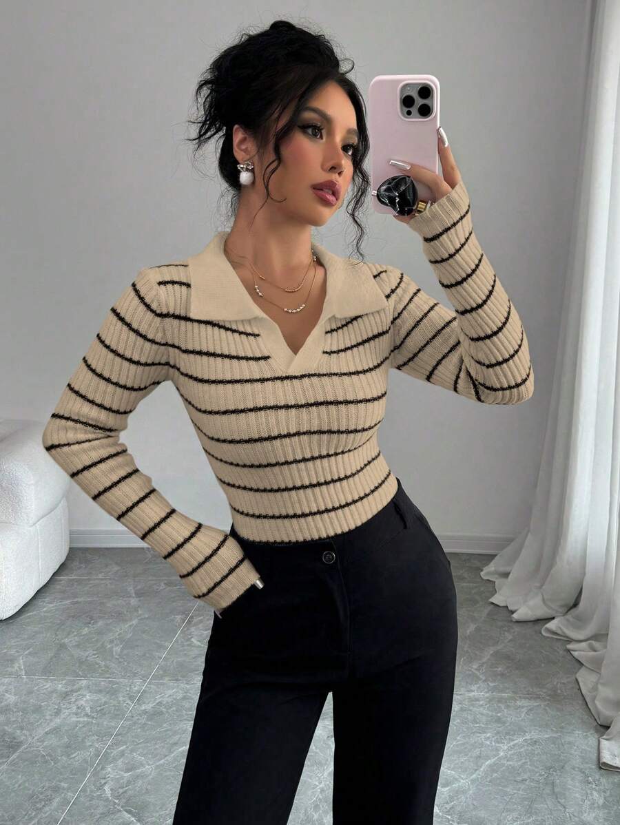 Selianne Women Striped Polo Collar Long Sleeve Fitted Sweater, Autumn/Winter Knit Pullover Fall - Apricot - View 1