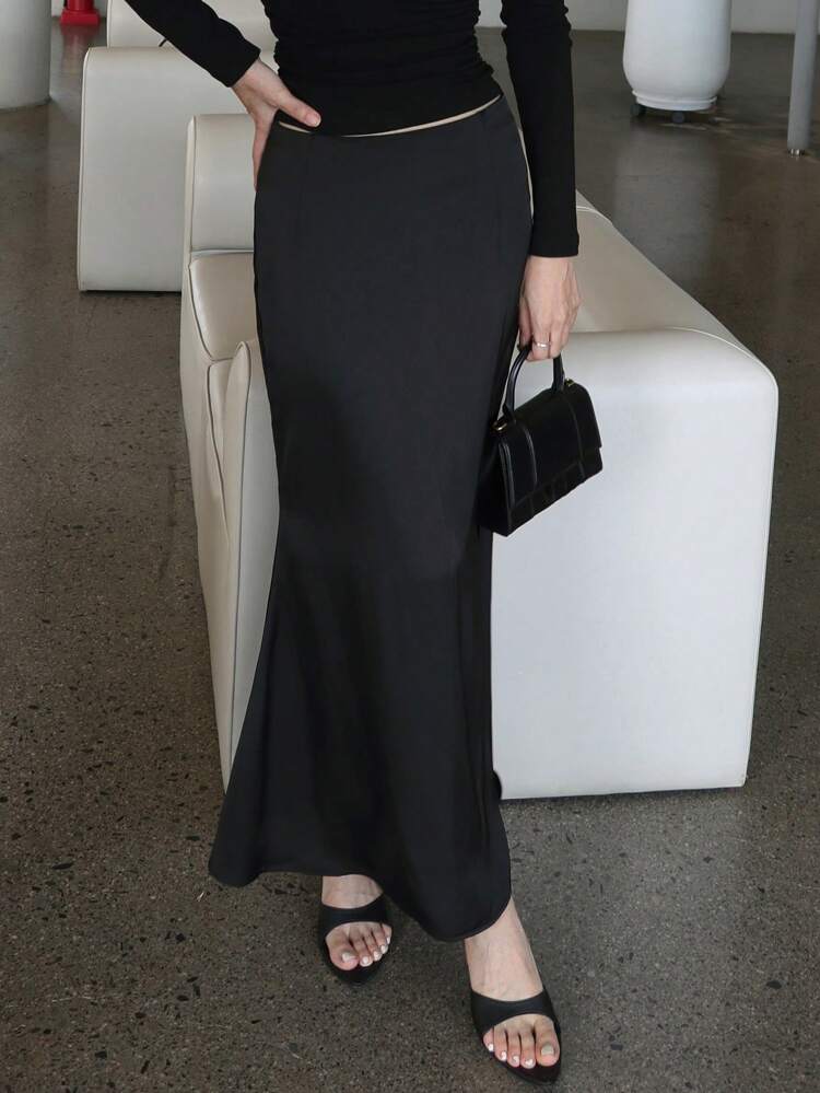 1pc Women's High Waist Elegant Black Skirt