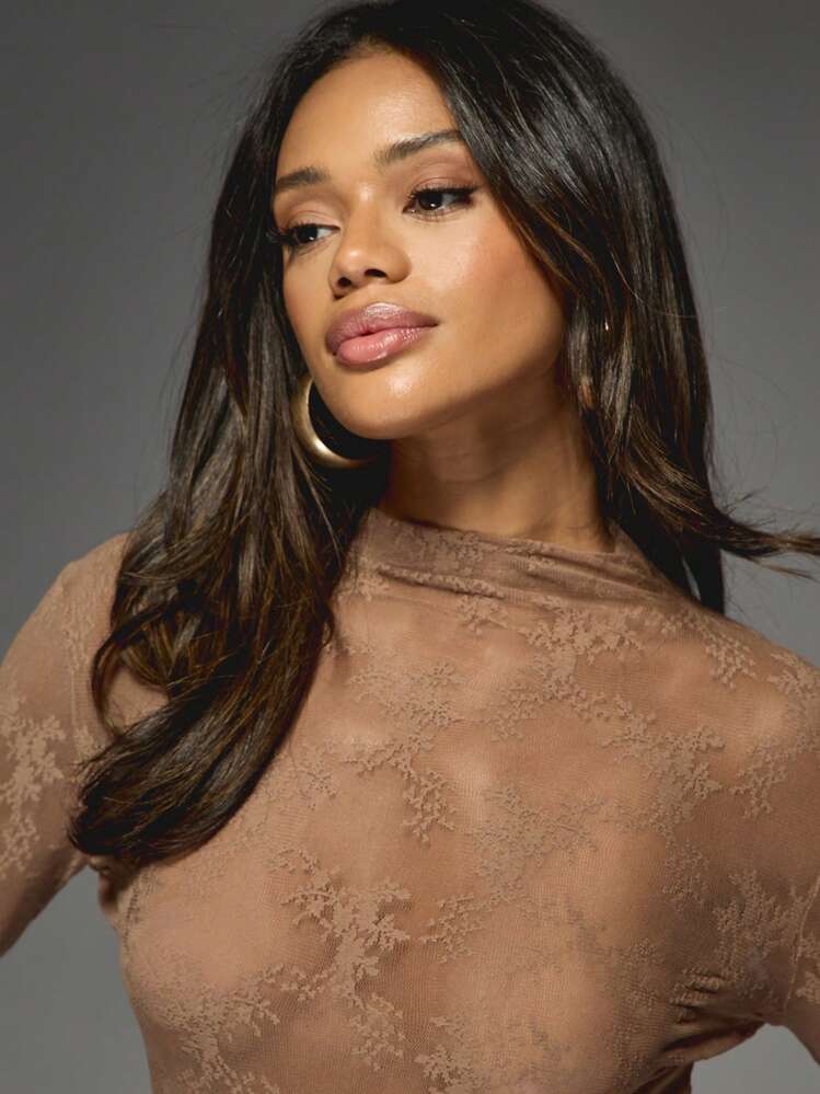 MISSGUIDED Body à manches longues en dentelle florale, col roulé, en maille transparente. Tenue de soirée glamour pour l'automne et l'hiver - Tabac - Voir 7