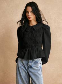 Poéselle 女式纯色彼得潘领荷叶边下摆长袖衬衫