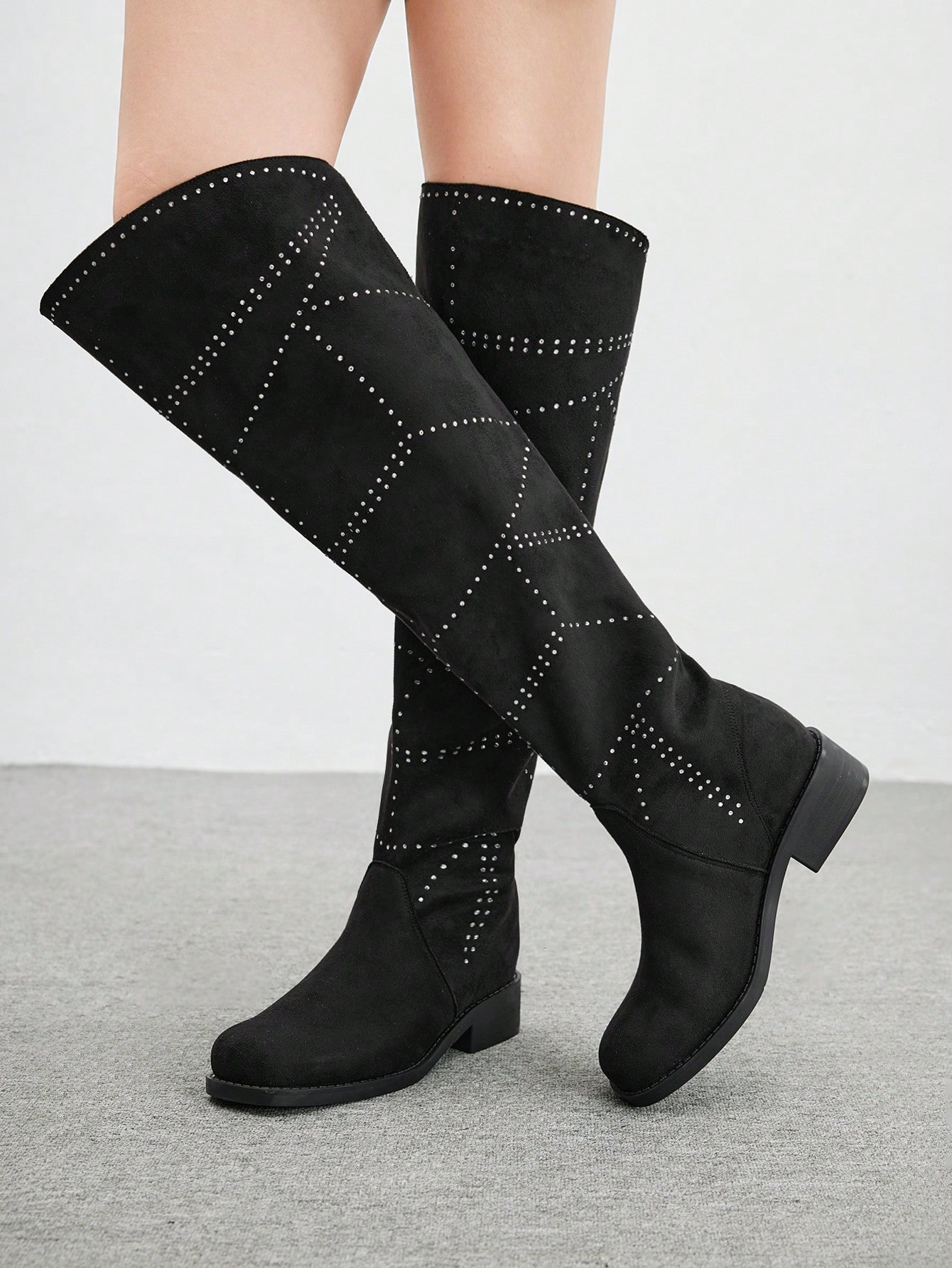 CUCCOO BIZCHIC 여성용 블랙 벨벳 라인스톤 장식 허벅지 하이부츠