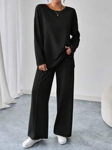 SHEIN LUNE 2pcs/Set 25+ Casual Sports Textured Sweatshirt And Pants Set - Black - View 3