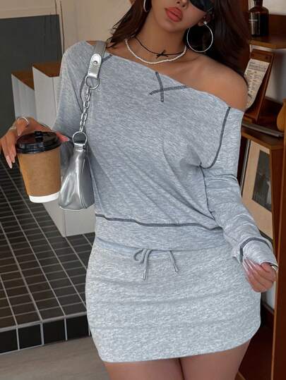 INAWLY 女士纯色不对称领长袖 T 恤