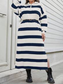 EURMUSE Plus Size Women's Autumn Striped Drop Shoulder Long Sleeve Zip Half-Placket Long Sweater Dress - Navy Blue - View 4