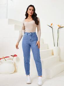 SHEIN Privé 高腰胡蘿蔔緊身牛仔褲 - 淺色水洗藍 - 查看 5