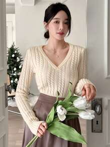 DAZY 女式V领短款麻花针织修身套头衫秋季 - 杏色 - 查看 7