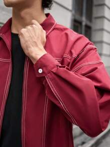 Manfinity VCAY Loose Solid Color Half-Placket Young Casual Short Sleeve Woven Shirt For Men, Urban Vintage Zipper Jacket Long Sleeve Dark Red Jacket, For Friends, Husband, Boyfriend Gifts