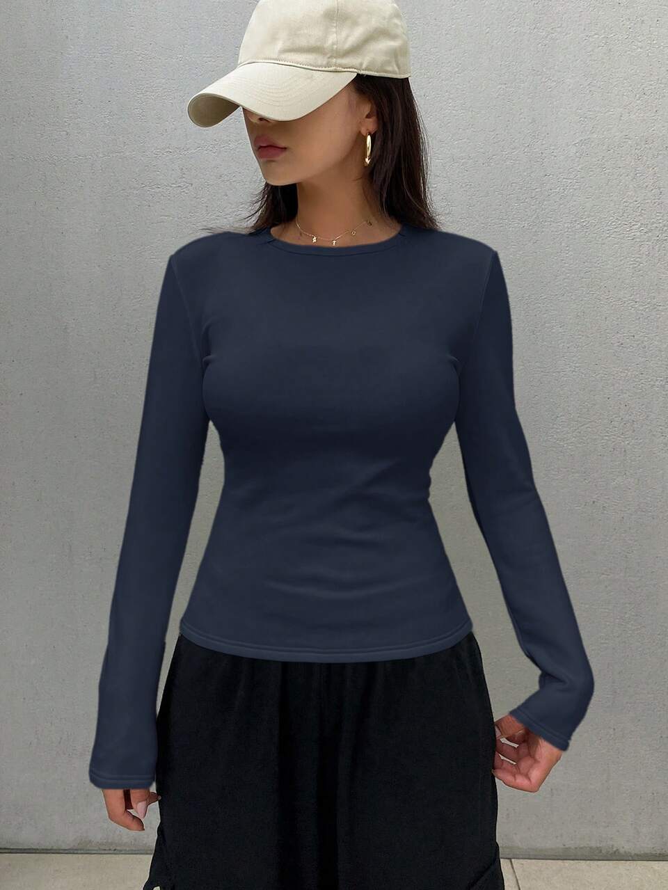 Women's Casual Solid Color Thermal Lined Base Layer T-Shirt, Autumn/Winter Preppy Tops Long Sleeve Everyday Navy Blue
