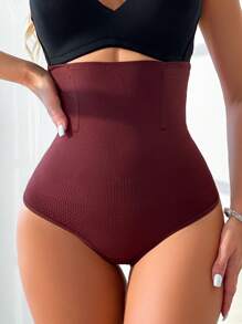 女士纯色罗纹高腰无缝塑身裤 - 咖啡棕 - 查看 3