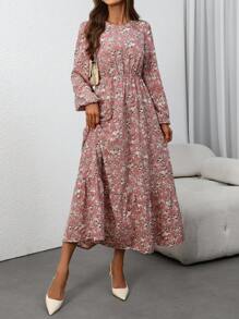 SHEIN Clasi Váy tay bồng họa tiết hoa giản dị cho kỳ nghỉ của phụ nữ - Hồng - Xem 3