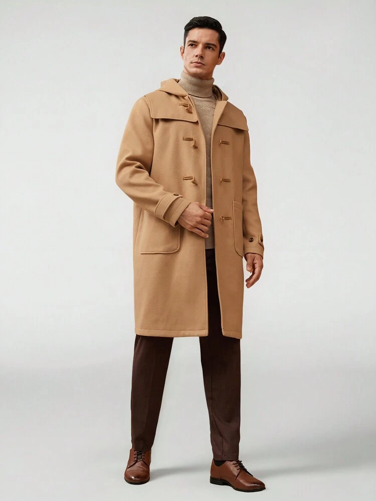 Loose Fit Men's Double-Breasted Hooded Overcoat