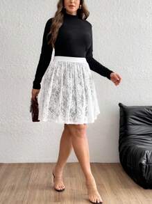 SHEIN Privé Plus Size Double-Layer Lace High Waist Loose Short White Skirt - White - View 6