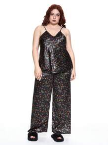 ROMWE Fairycore Plus Size Fairy Core Butterfly Mushroom Floral Satin Allover Print Camisole & Lounge Pants Set