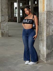 SHEIN ICON 大码女式高腰喇叭休闲百搭牛仔裤 - 藍色 - 查看 6