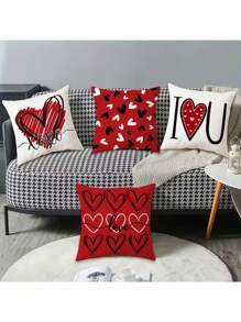4pcs The New Valentine's Day Exclusive Red Love Pillow Case Letter Printed Expression Of Love On The Bed Sofa Can Be Used As A Couple Pillow, Home Decor, Room Decor, Office Decor, Living Room Decor, Sofa Decor (No Pillow Core),Fall Decor,Autumn Decor,Room Decor - Red - View 1