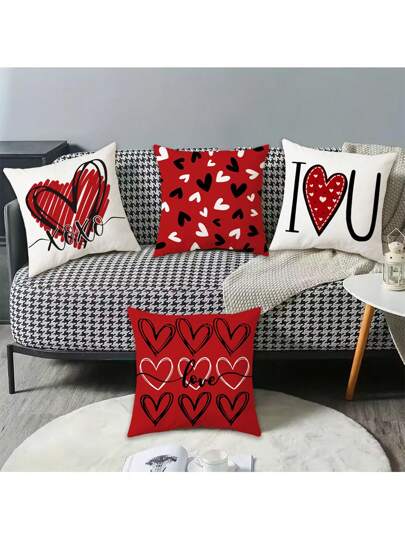 4 piezas Nuevos Fundas de Almohada Exclusivas del Día de San Valentín con Expresión de Amor Impresa en Rojo, se pueden usar como almohadas de pareja, decoración del hogar, decoración de la habitación, decoración de la oficina, decoración de la sala de estar, decoración del sofá (sin relleno de almohada), decoración de otoño, decoración de la habitación