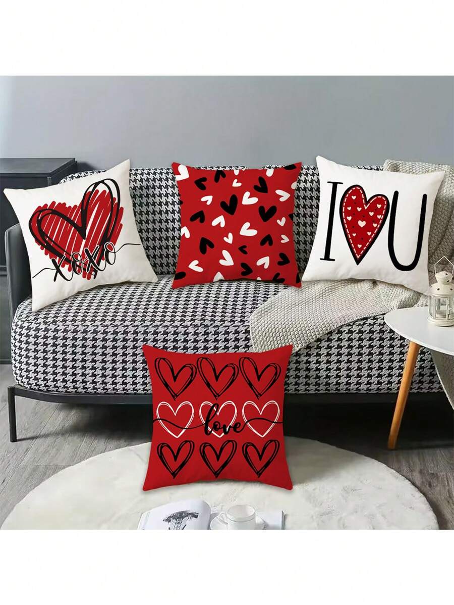 4pcs The New Valentine's Day Exclusive Red Love Pillow Case Letter Printed Expression Of Love On The Bed Sofa Can Be Used As A Couple Pillow, Home Decor, Room Decor, Office Decor, Living Room Decor, Sofa Decor (No Pillow Core),Fall Decor,Autumn Decor,Room Decor - Red - View 1